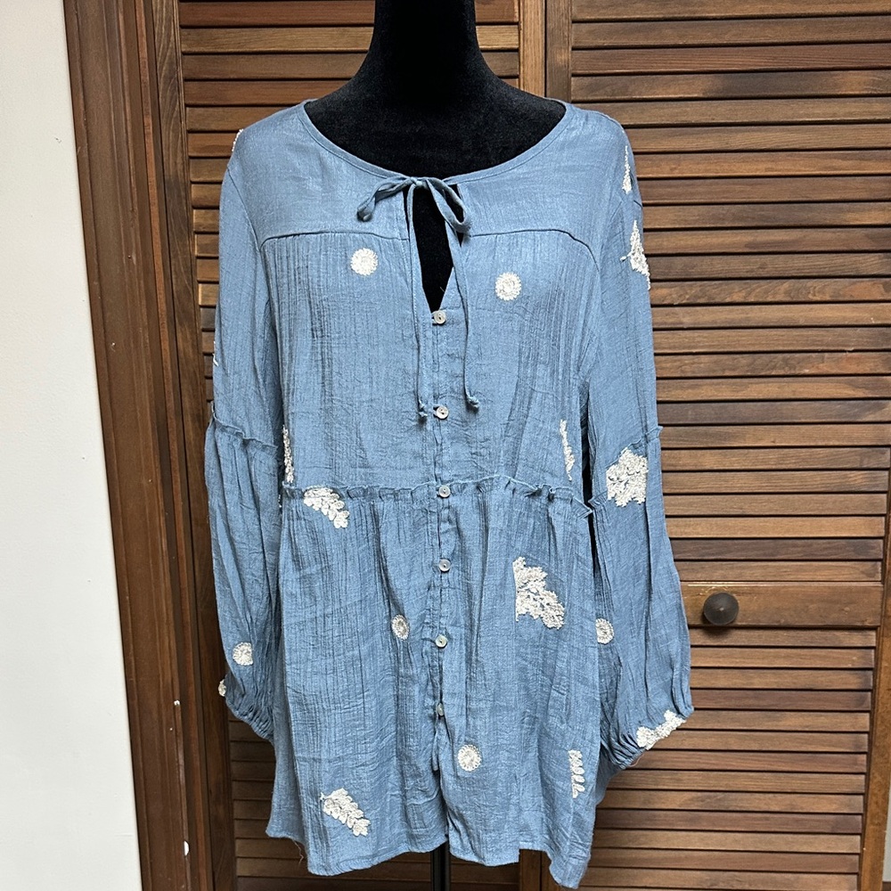 Light Blue Embroidered Peasant Tunic with Tie Neck